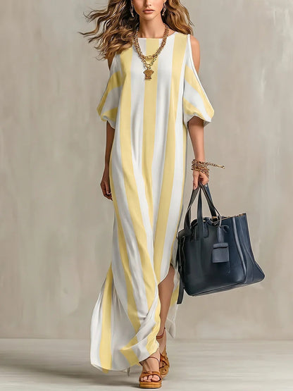 Robe longue ample fendue à rayures verticales et épaules dénudées