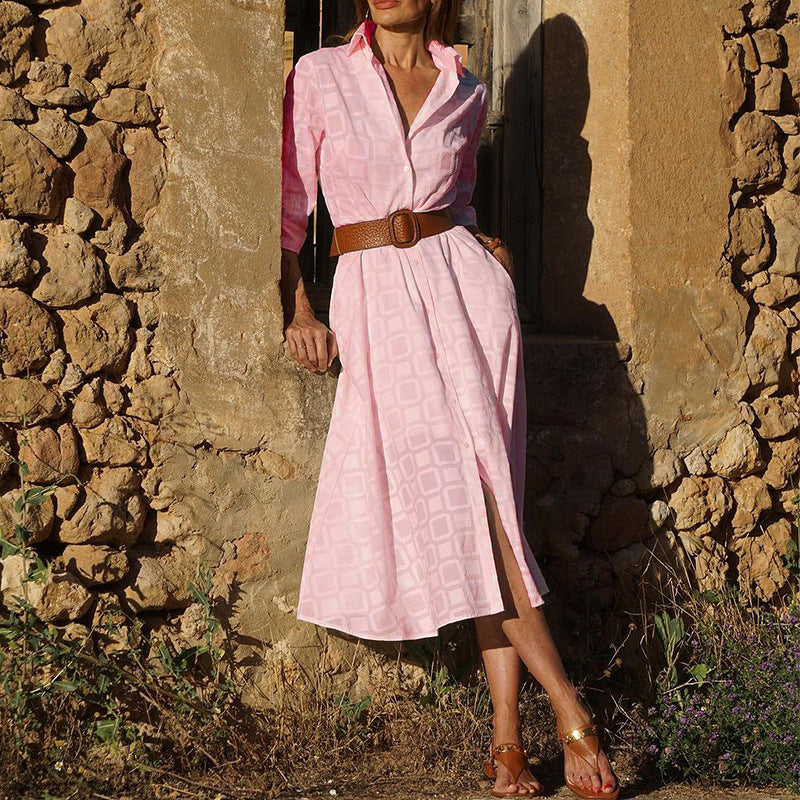 Nouvelle robe chemise femme d’automne, boutonnée, à manches longues, avec ceinture