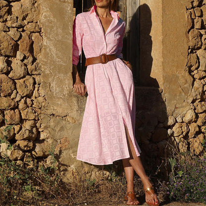 Nouvelle robe chemise femme d’automne, boutonnée, à manches longues, avec ceinture