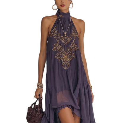 Robe longue bohème brodée, à col licou et ourlet asymétrique