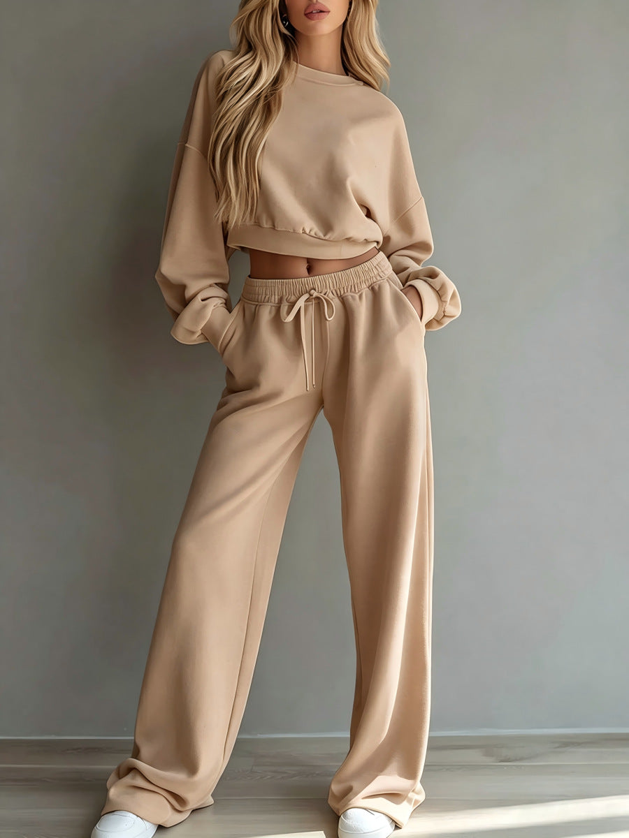 Ensemble de survêtement décontracté 2 pièces pour femme, comprenant un sweat-shirt court et un pantalon ample à jambes larges – Tenue décontractée