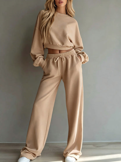 Ensemble de survêtement décontracté 2 pièces pour femme, comprenant un sweat-shirt court et un pantalon ample à jambes larges – Tenue décontractée