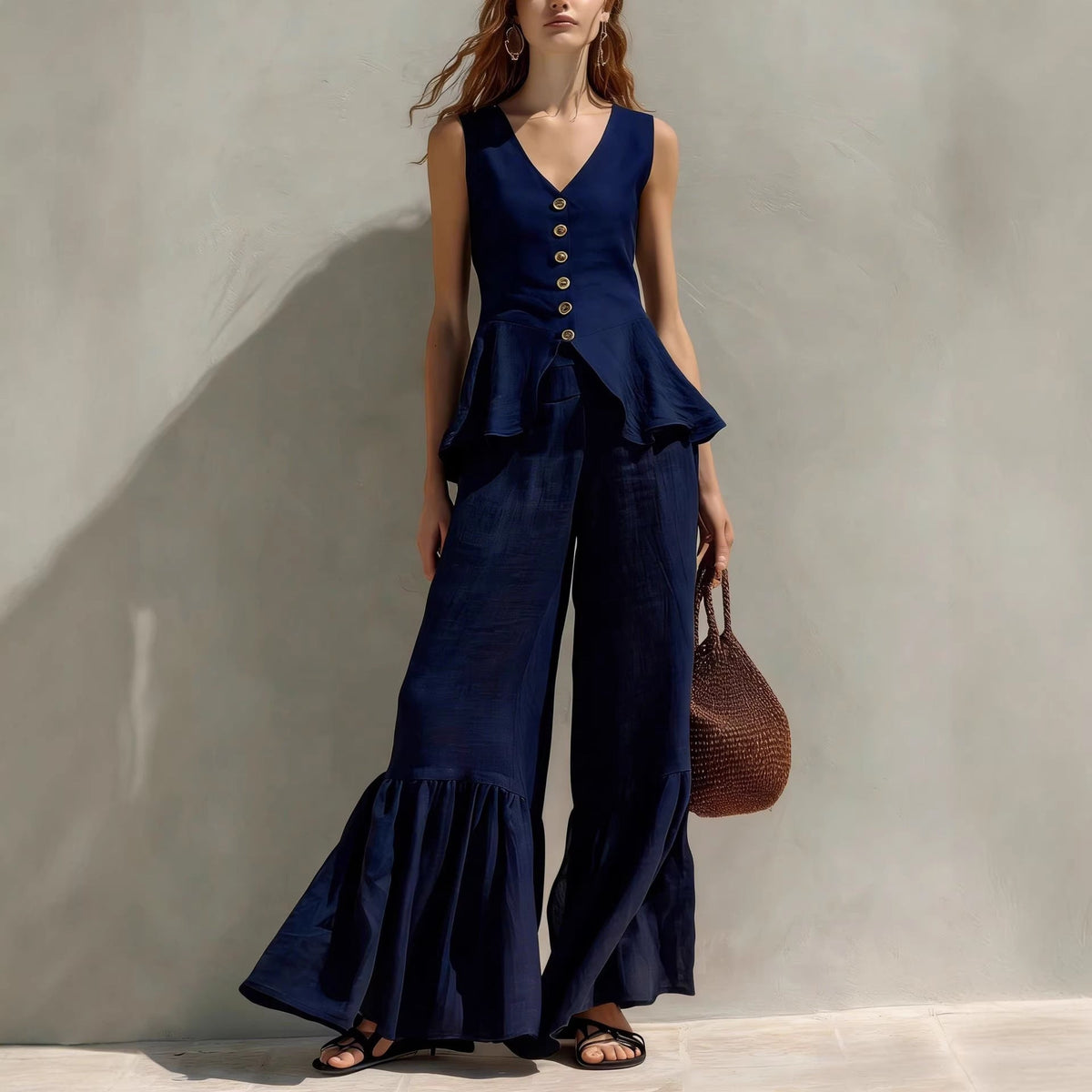 Ensemble haut péplum et pantalon large à volants en mélange de lin moutarde