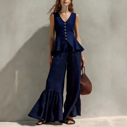 Ensemble haut péplum et pantalon large à volants en mélange de lin moutarde