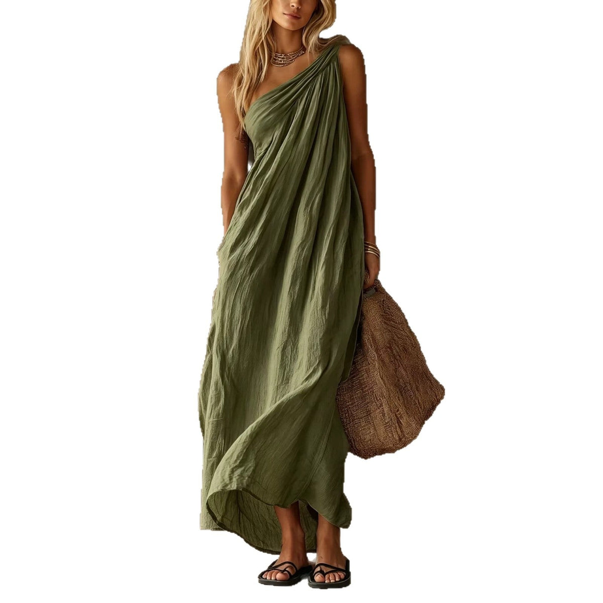 Robe longue en lin drapée à une épaule rose poudré