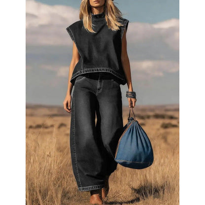Ensemble deux pièces jean taille haute large