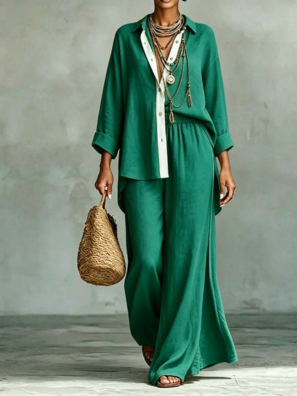 Ensemble 2 pièces chemise en lin et pantalon large à liseré contrastant