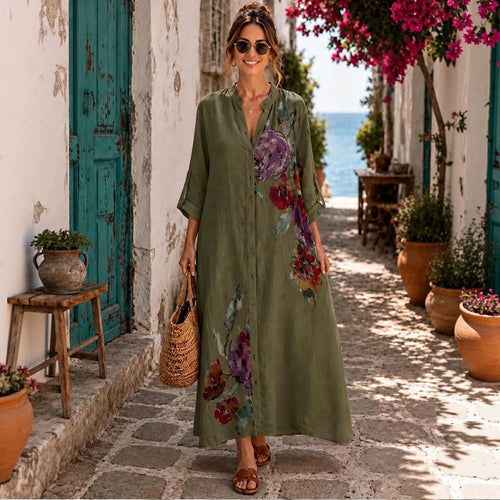 Robe longue boutonnée en lin à imprimé floral