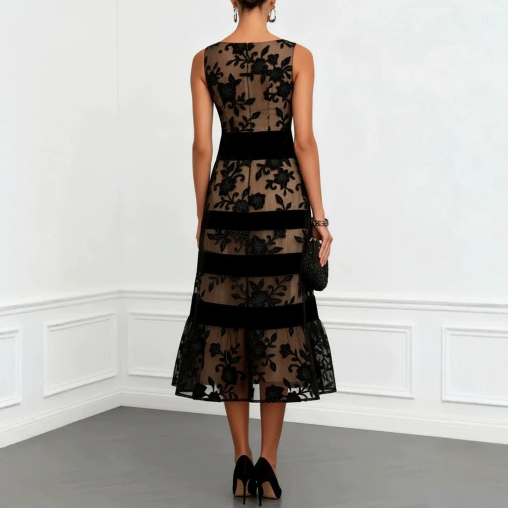 Robe midi sans manches en velours, dentelle florale noire et maille couleur chair