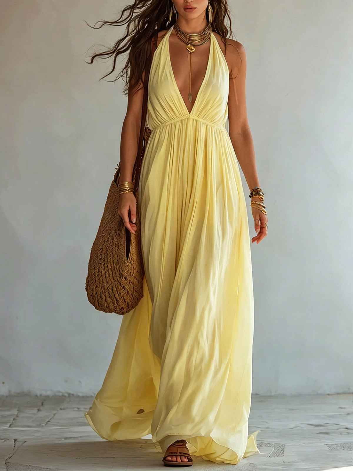 Robe longue en mousseline fluide avec col licou, décolleté en V profond et taille empire froncée