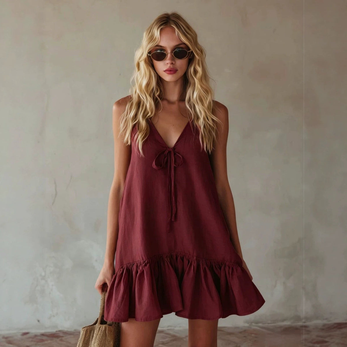 Mini-robe en lin à bretelles fines avec nœud sur le devant, couleur moutarde