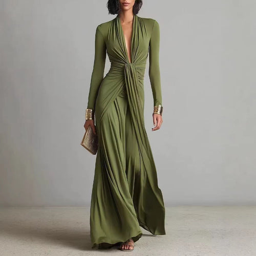 Robe longue vert olive glamour, décolleté en V profond, plissée