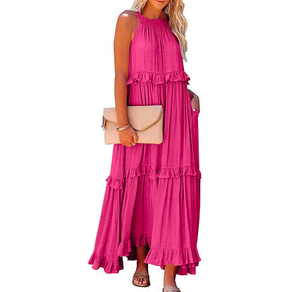 Robe longue fluide à volants et plusieurs niveaux, coupe halter