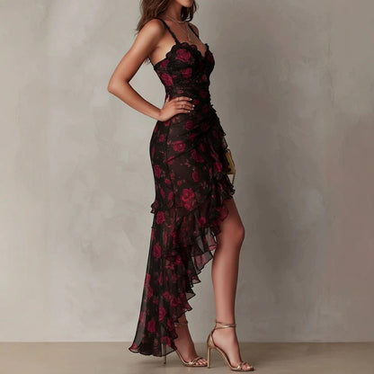 Robe à bretelles noire à imprimé fleuri et volants irréguliers