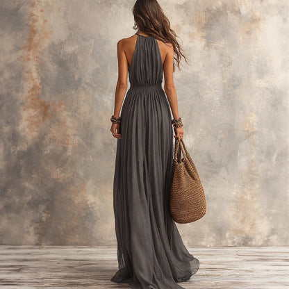 Robe longue en mélange de lin, col en V et dos nu