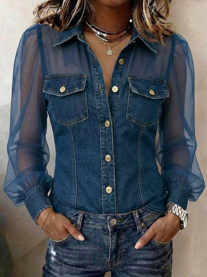 Chemisier à manches longues en jean patchwork et mousseline transparente à poche boutonnée décontracté pour femme