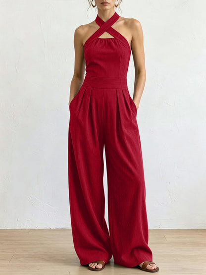 Combinaison pantalon dos nu entrecroisé à découpe et taille haute avec poches