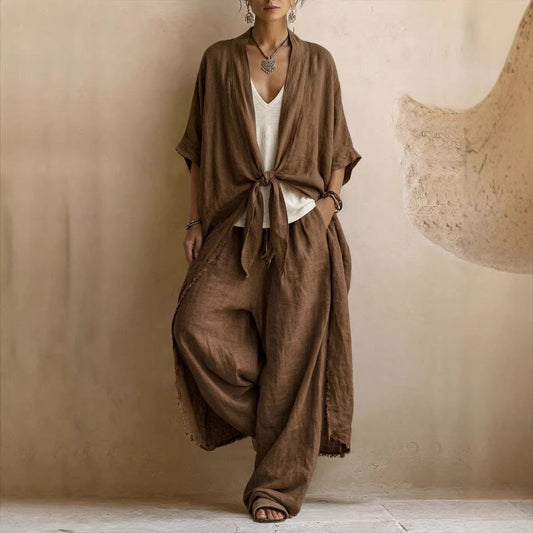 Ensemble deux pièces Kimono surdimensionné en lin et pantalon large