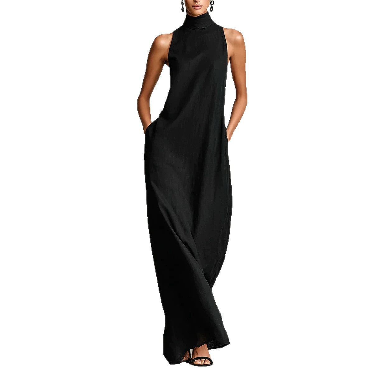 Robe longue sans manches en lin à col montant