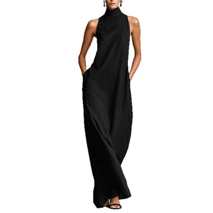 Robe longue sans manches en lin à col montant