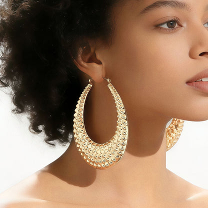 Large Hammered Teardrop Hoop Earrings Bold Textured 14K Gold Plated Statement Hoops