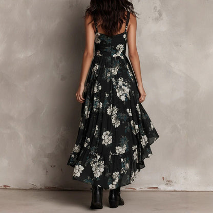 Robe longue évasée noire à imprimé floral