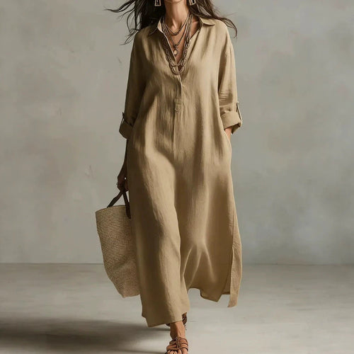 Robe chemise décontractée unie à revers à manches longues de style ample