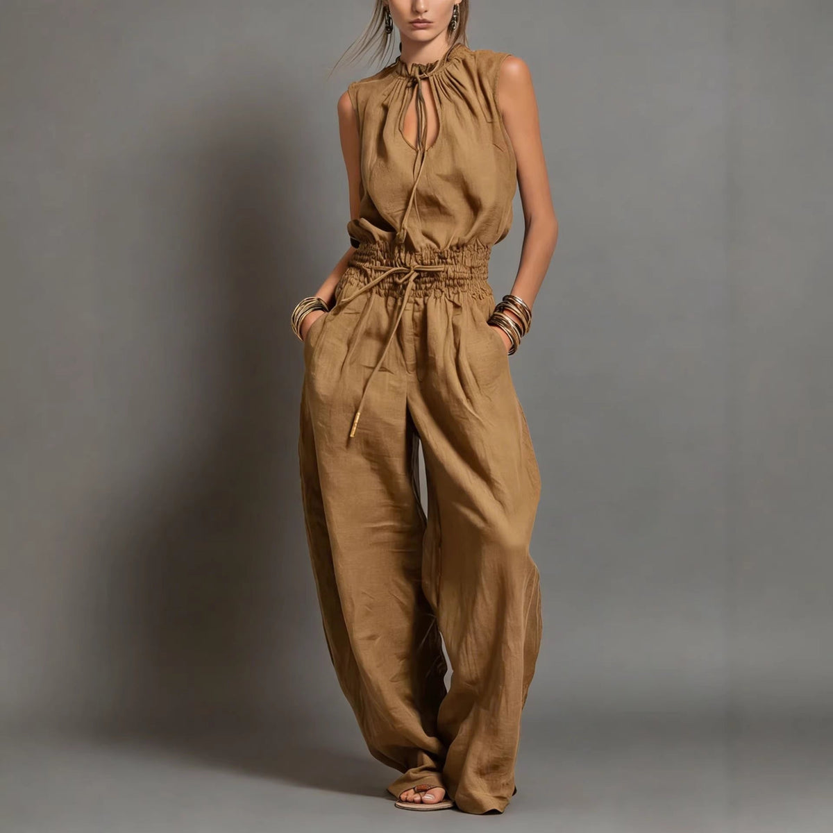 Combinaison en lin mélangé beige, taille smockée