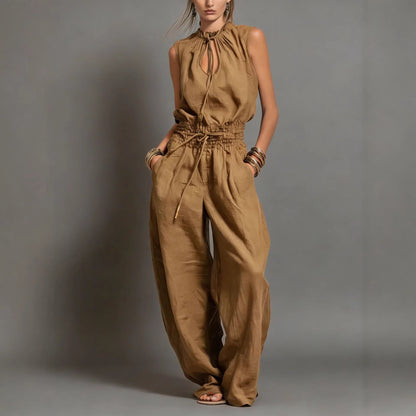 Combinaison en lin mélangé beige, taille smockée