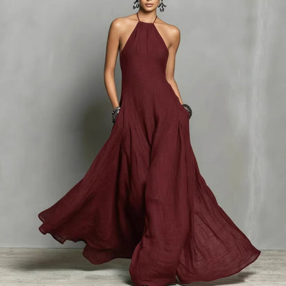 Robe longue simple sans manches à dos nu en mélange de coton et de lin