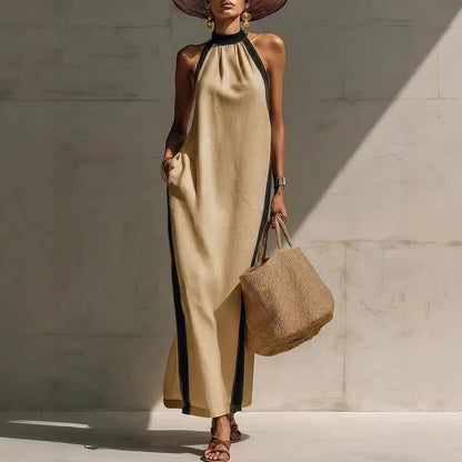Robe longue licou à liseré contrastant