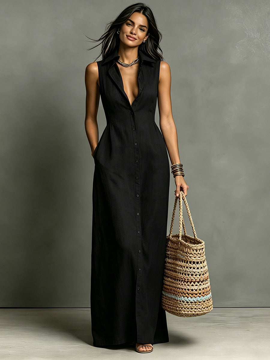 Robe chemise longue sans manches croisée et col en lin mélangé minimaliste pour femme