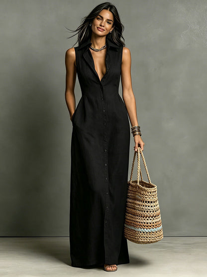 Robe chemise longue sans manches croisée et col en lin mélangé minimaliste pour femme