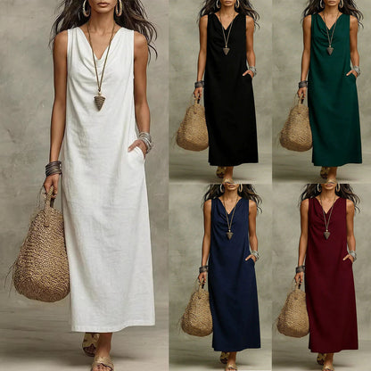 🌟 Robe longue en lin sans manches : le style bohème-chic sans effort pour toutes les occasions