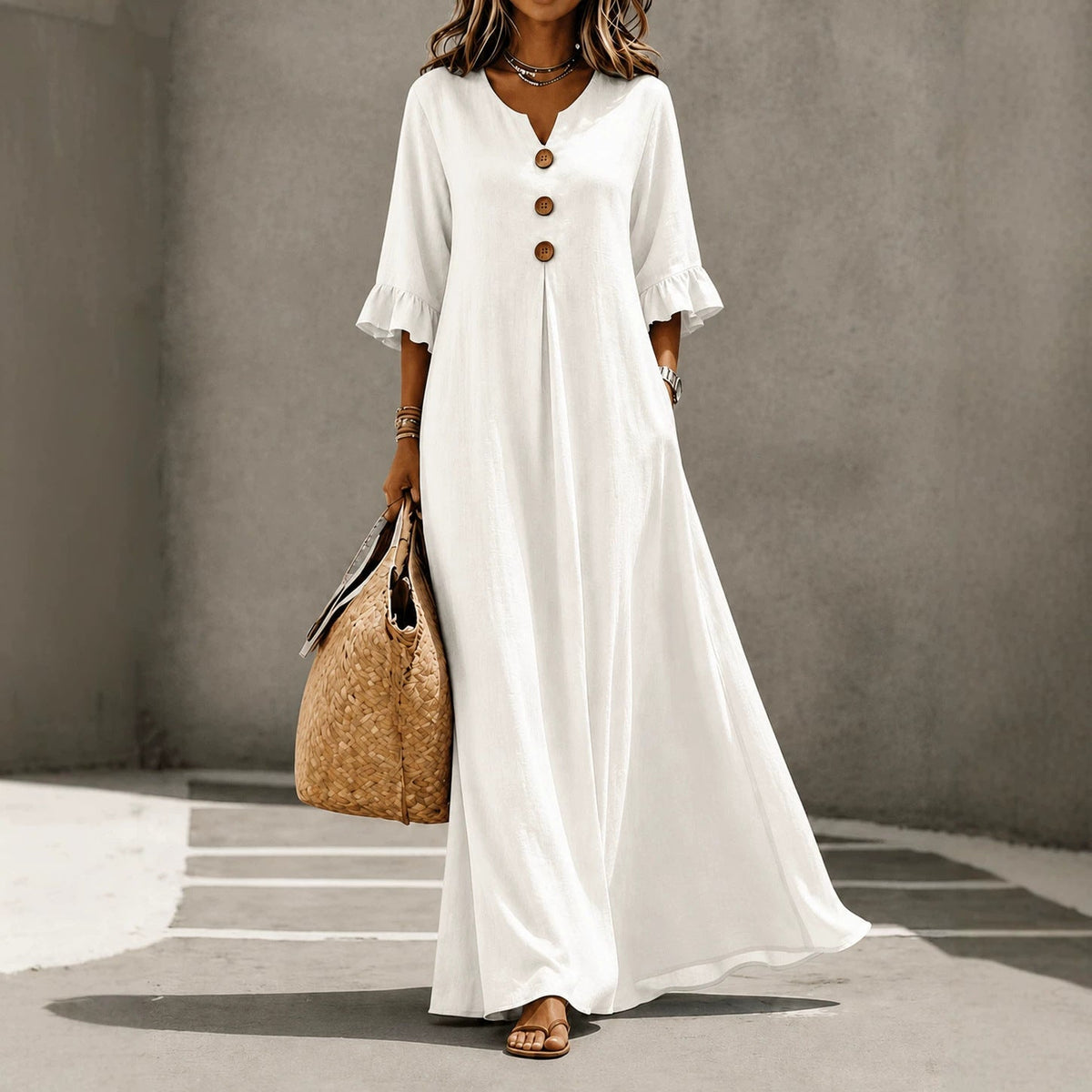 Robe longue en lin à col en V et manches volantées