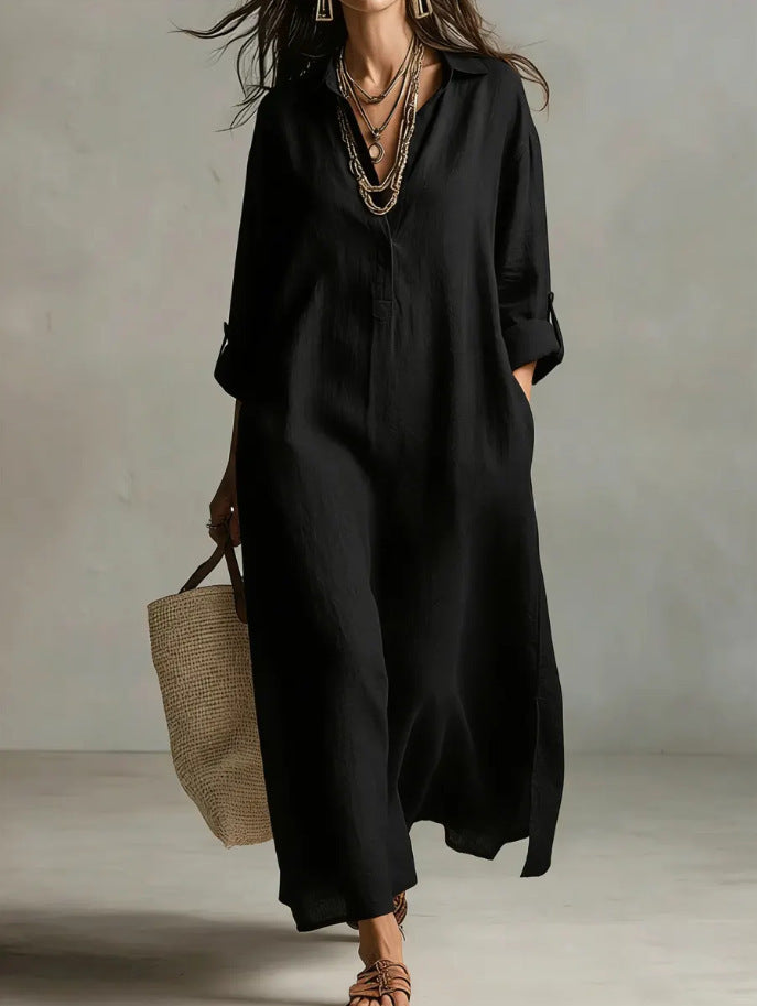 Robe chemise décontractée unie à revers à manches longues de style ample