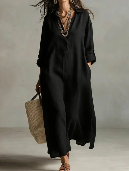 Robe chemise décontractée unie à revers à manches longues de style ample