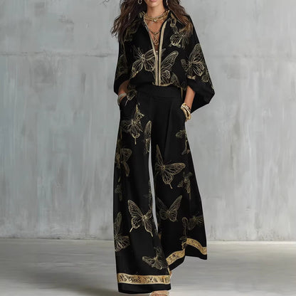 Ensemble deux pièces pantalon large taille haute, tenue de vacances élégante en satin de luxe