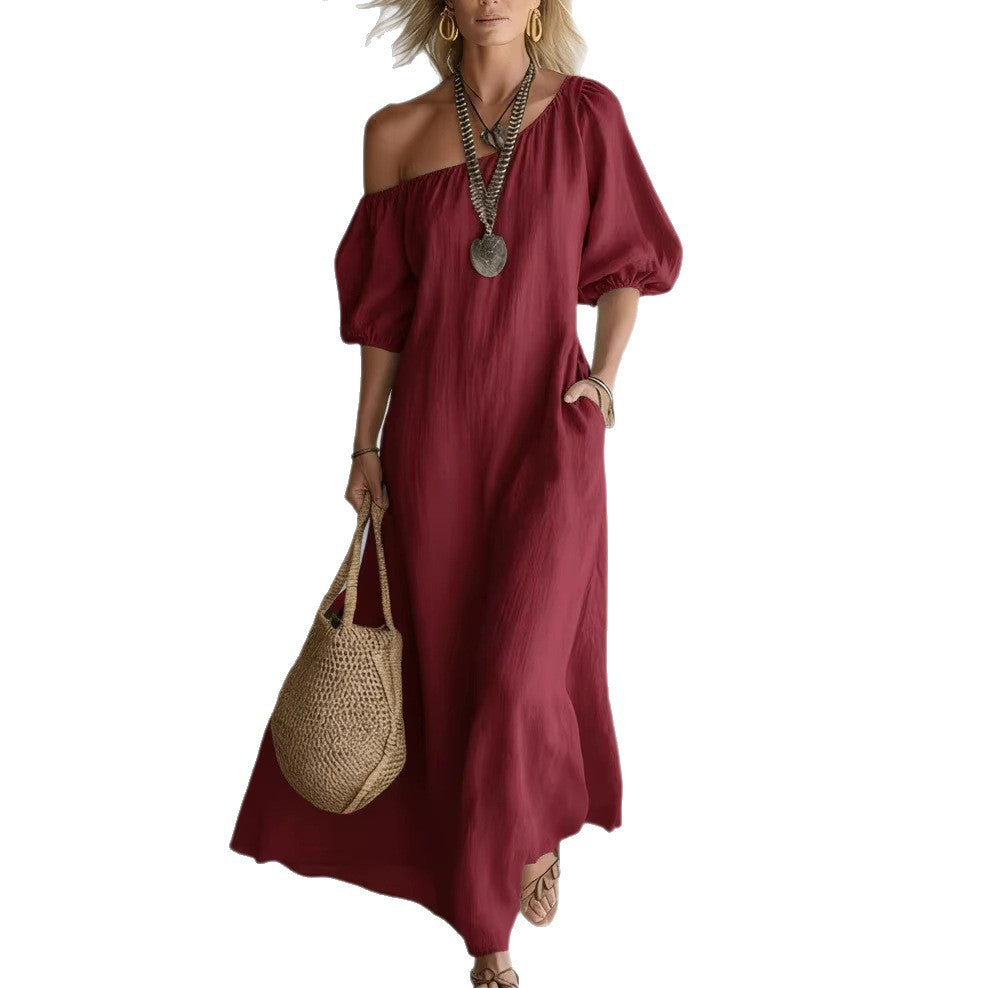 Robe longue en lin mélangé à épaules dénudées sans effort
