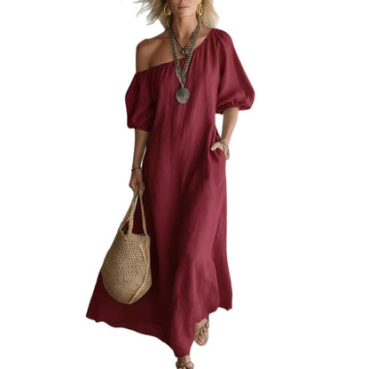 Robe longue en lin mélangé à épaules dénudées sans effort