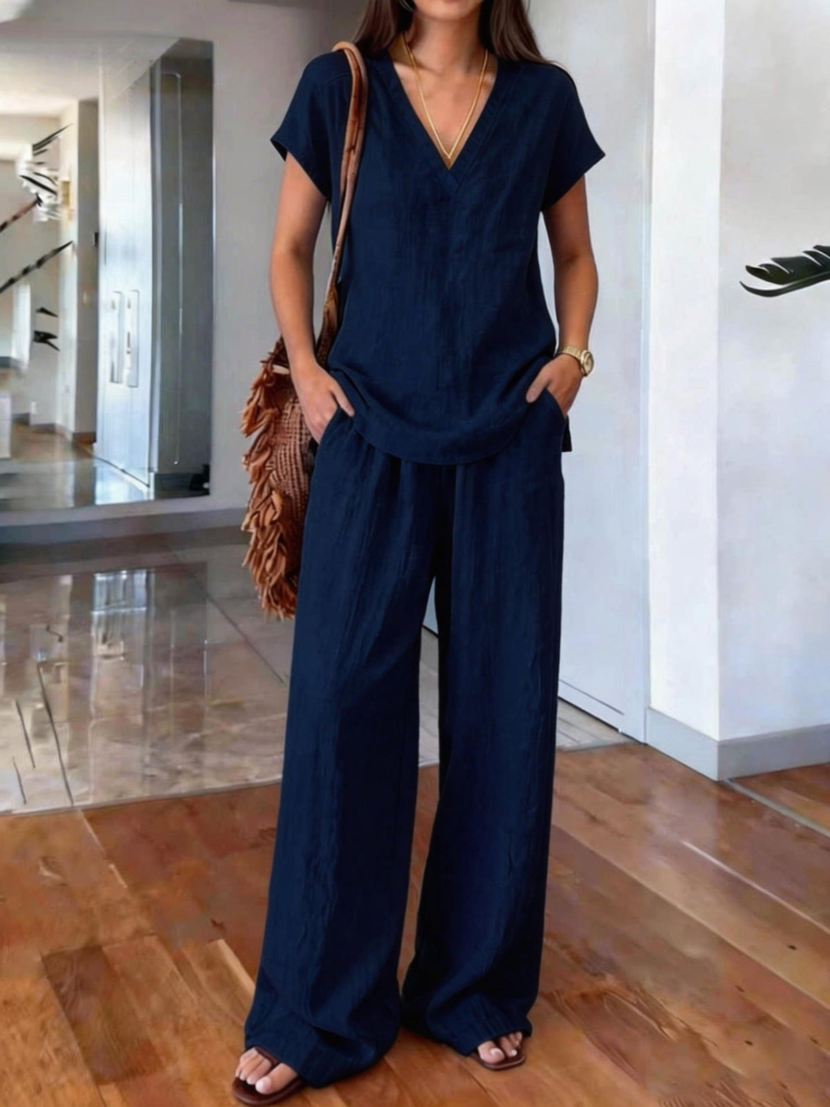 Ensemble 2 pièces en lin : haut col V manches courtes et pantalon large taille élastique