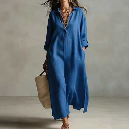 Robe chemise décontractée unie à revers à manches longues de style ample