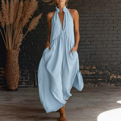 Robe longue de vacances unie sans manches à col montant
