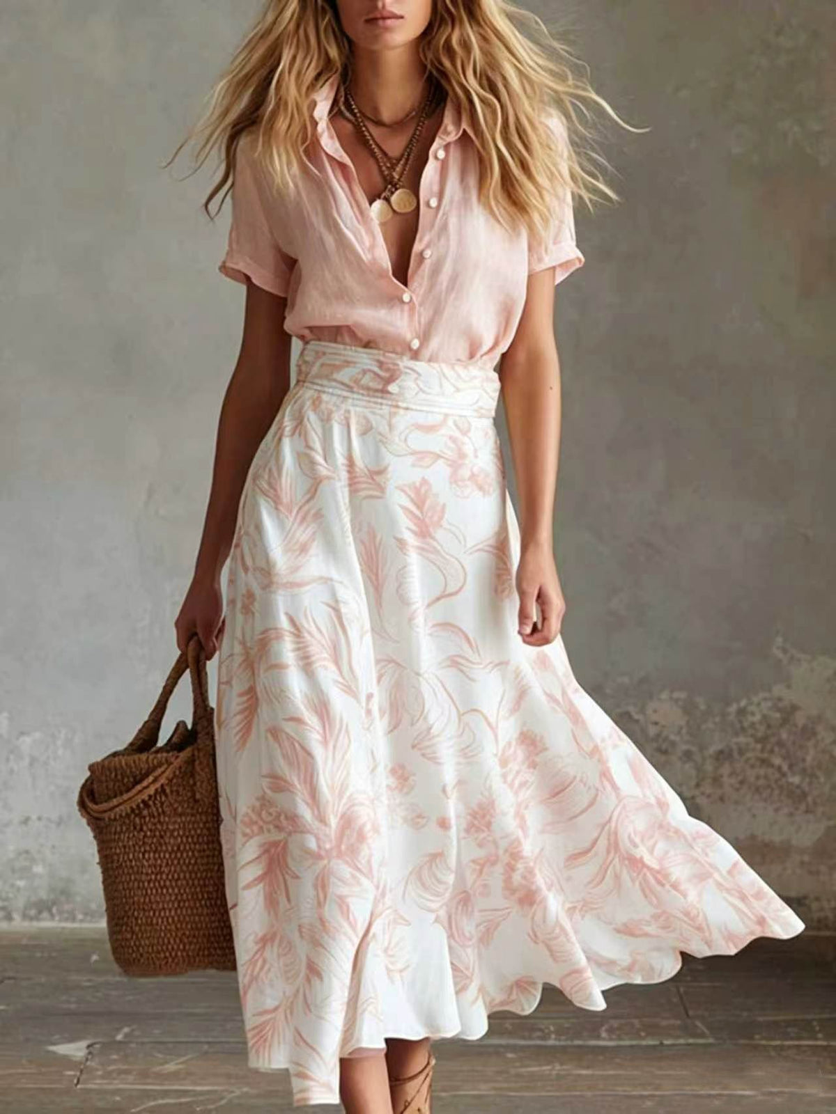 Ensemble coordonné jupe fleurie et chemise contrastantes