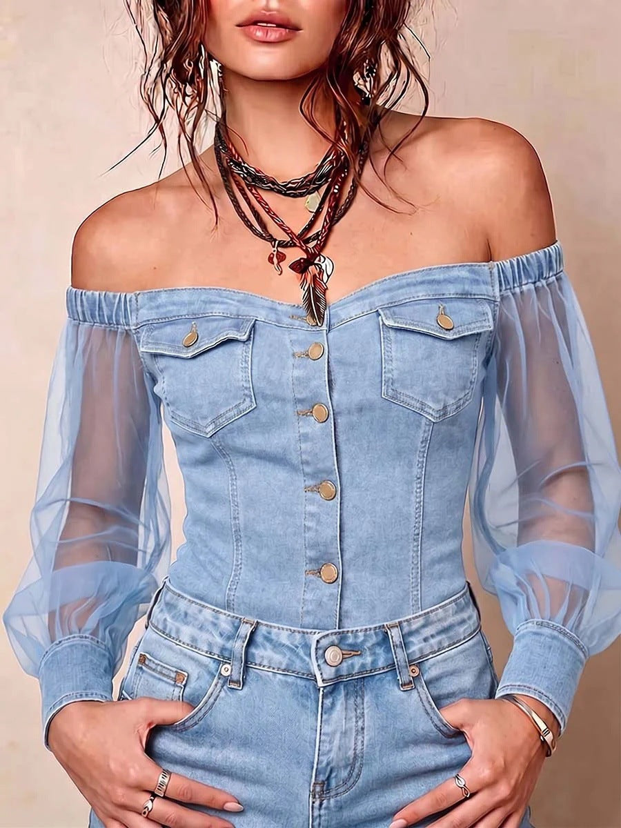Top en jean à manches en maille et épaules dénudées