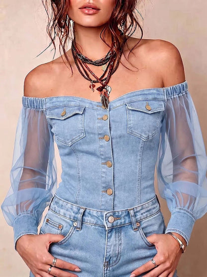 Top en jean à manches en maille et épaules dénudées