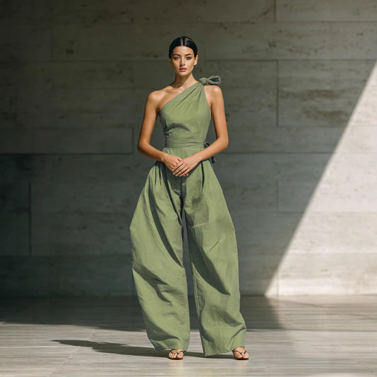 Asymmetric one-shoulder sleeveless jumpsuit with defined waist