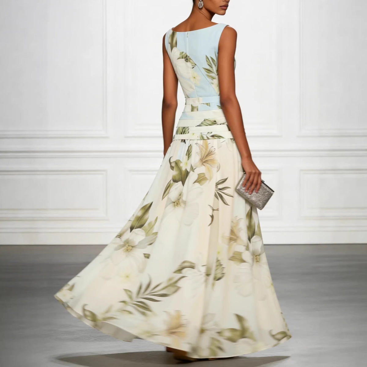 Robe longue vintage style color block à imprimé floral lys