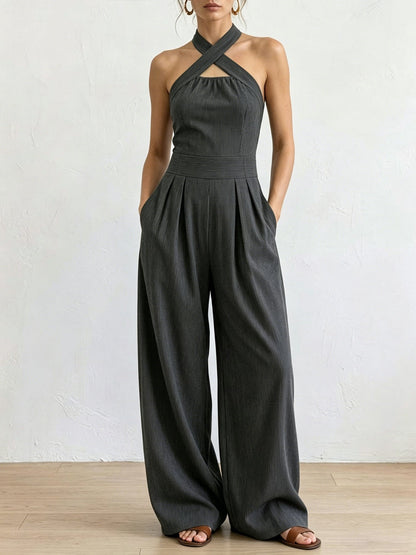 Combinaison pantalon dos nu entrecroisé à découpe et taille haute avec poches