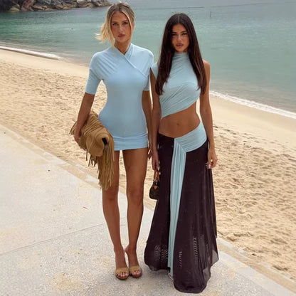 Ensemble maxi deux pièces ruché bleu glacier et marron